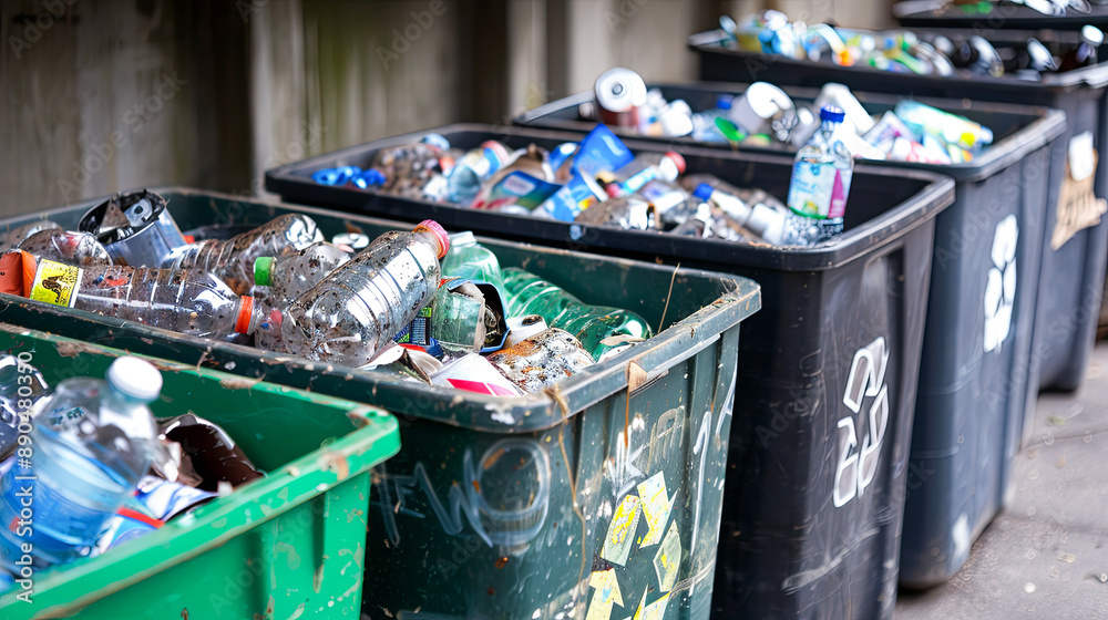 Sorted recyclable materials in collection bins